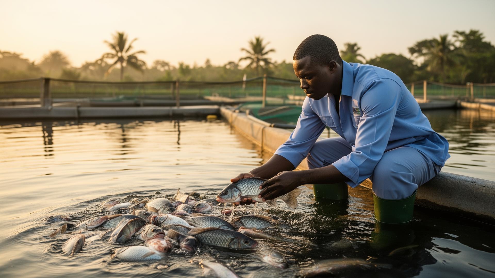 Fish farmer at aquaculture pond